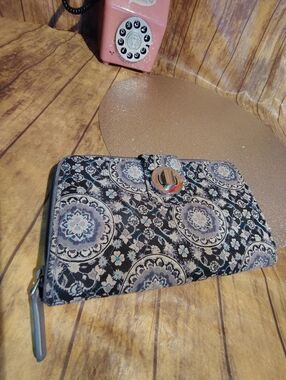 Vera Bradley Black Quilted Wallet with Teal and Gray Medallions